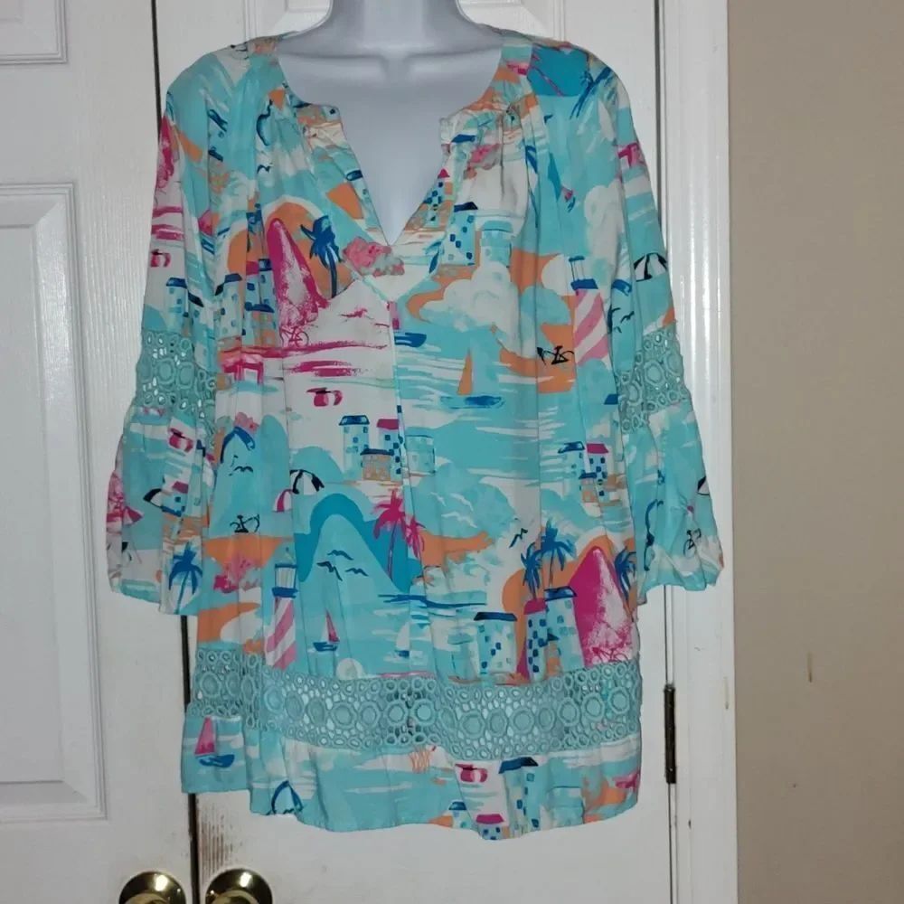 Crown & Ivy ocean beachy 3/4 Sleeve Crochet Peasant Top Sz 1X NWOT